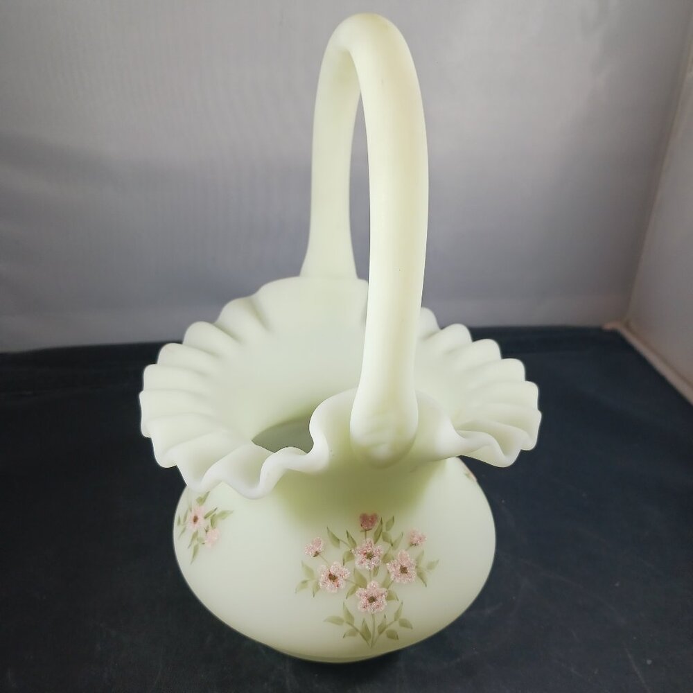 Fenton Custard Handled Basket With Floral Handpainted Design Signed